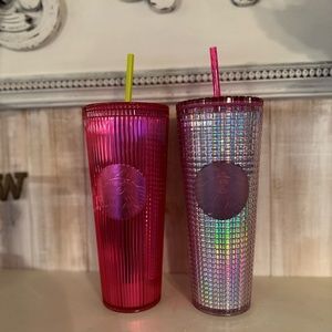 Set of 2 Hot Pink Venti Large Tumbler Cups - NEW! 1 holographic & 1 With ridges